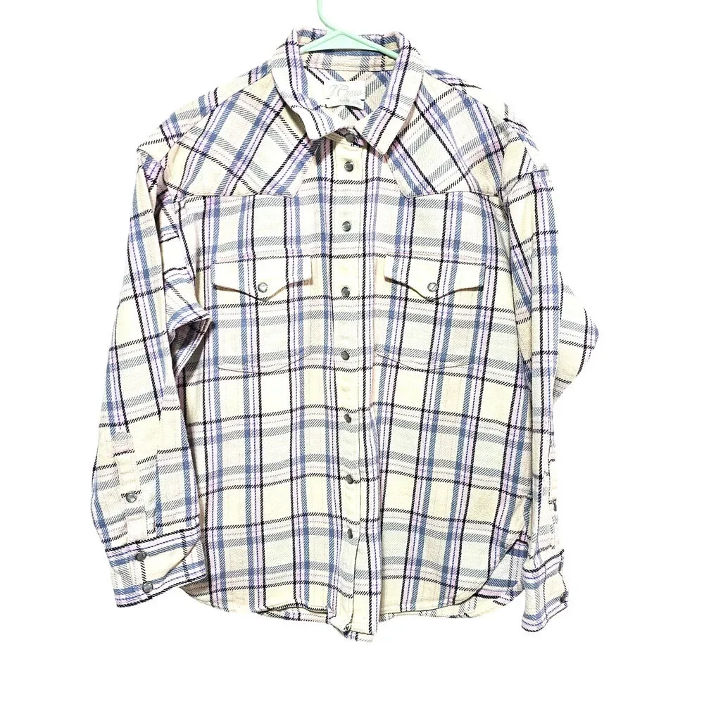 J.Crew Relaxed-Fit Flannel Button-Up Shacket Womens Size 8(L) Pearl Snap Cotton